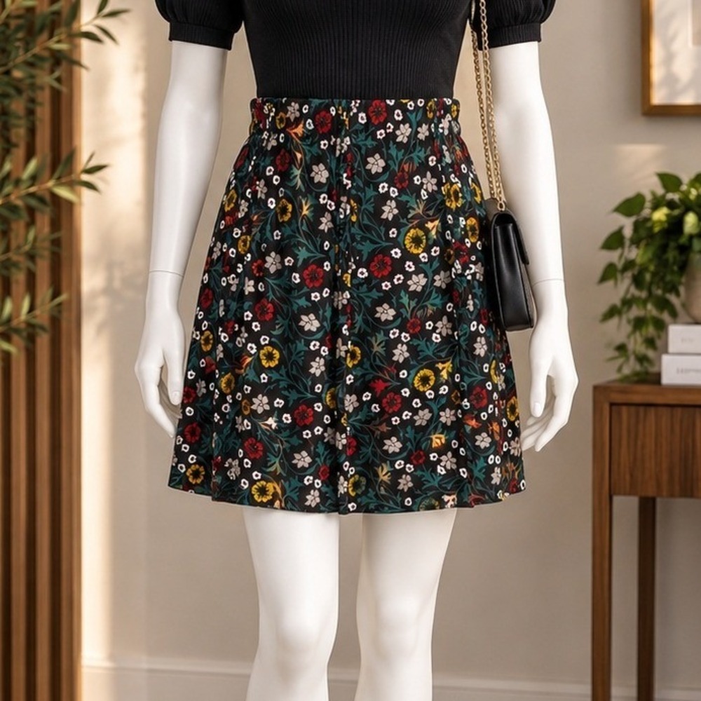 LOFT Womens Skirt Floral Print Elastic Waist Lined Black Multi Medium